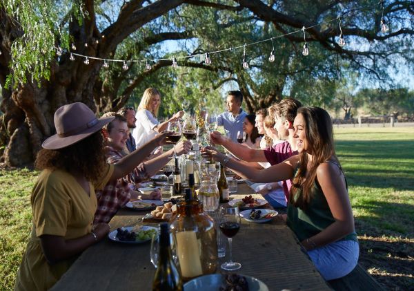 Friends cheers in the afternoon sun at Tinklers WIne - Hunter Valley