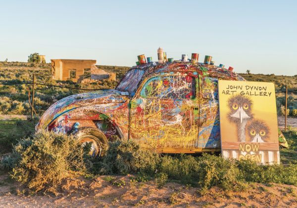 A brightly painted beetle car on display at the John Dynon Art Gallery, Silverton