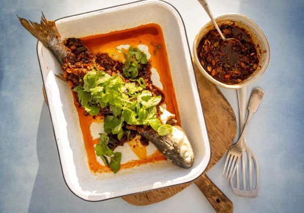 Pair Hawkesbury mullet with spicy Sichuan, sweet and sour eggplant, and fresh Asian herbs. Image Credit: Taste of Australia