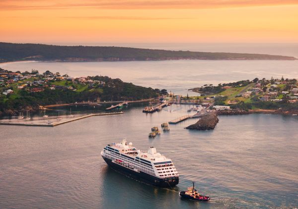 Aerial sunset views of a cruise ship, Port of Eden, Eden