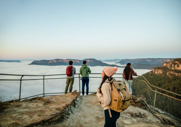Young people enjoying view of Olympian Rock Lookout, Blue Mountains National Park