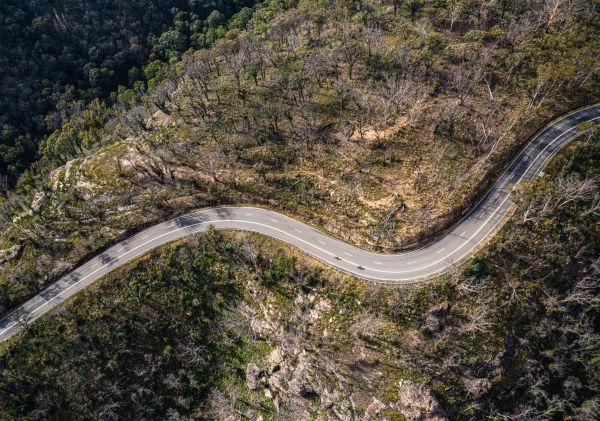 Aerial view of road weaving, Bells Line of Road, Blue Mountains