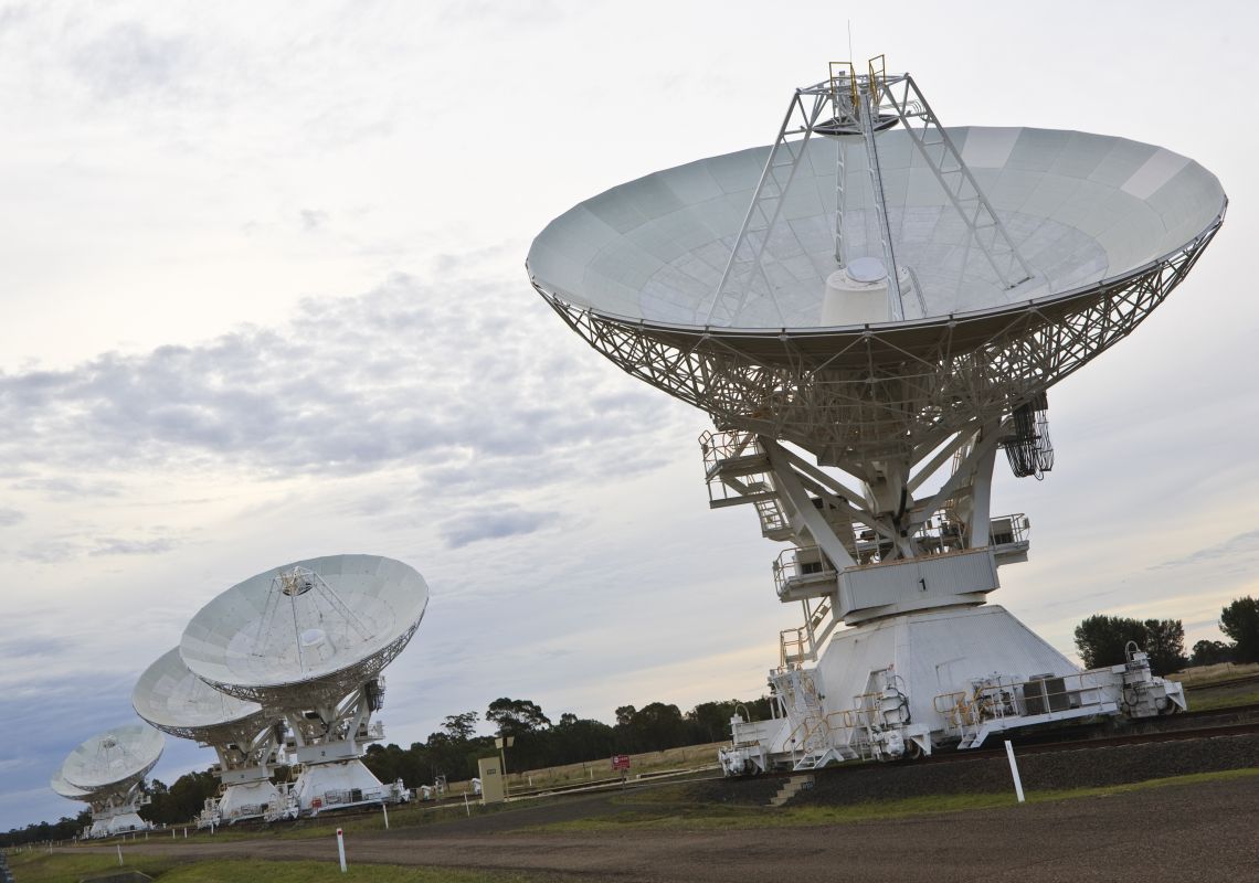 Dish antennas pointing skyward, CSIRO's Australia Telescope Compact Array, Narrabri