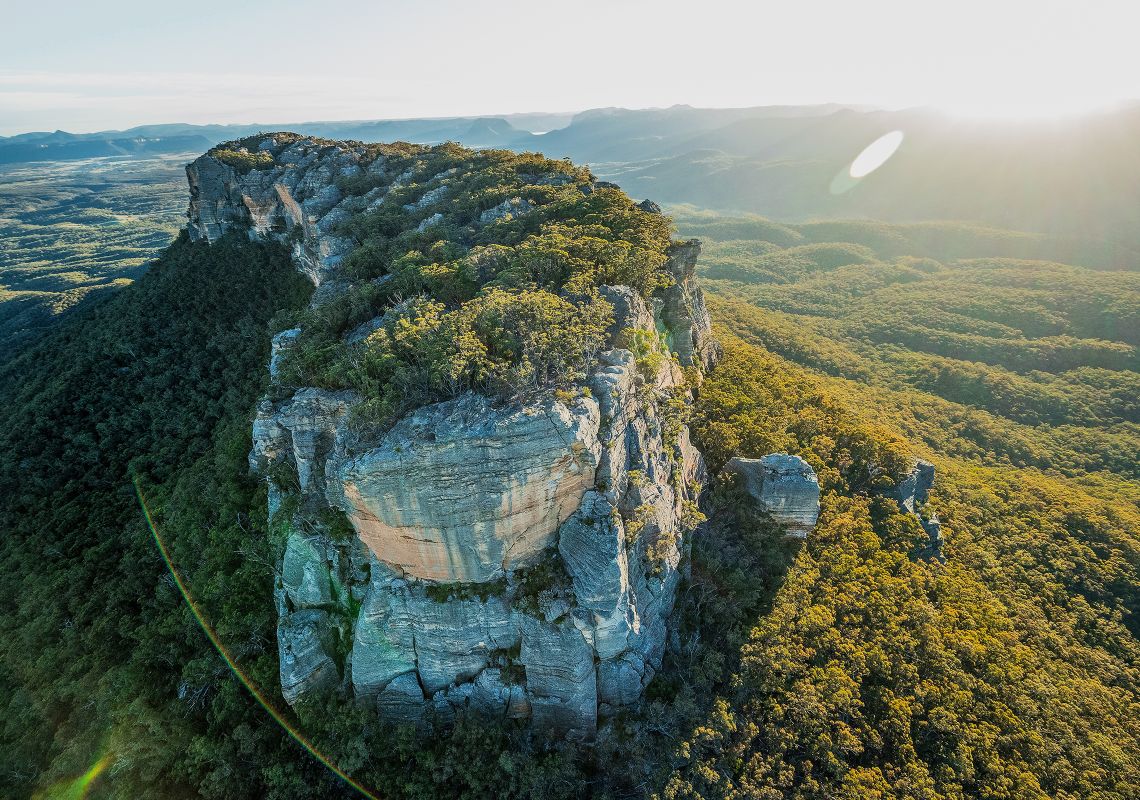 Aerial view with sunflare, Capertee Valley - Gardens of Stone National Park