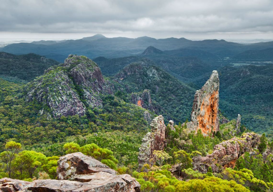 Scenic view of the jagged volcanic Breadknife, Warrumbungle National Park