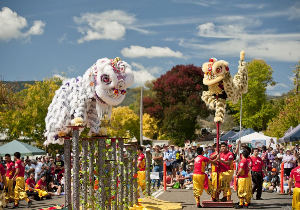 Lion dancers performing on poles, Nundle Go for Gold Chinese Easter Festival