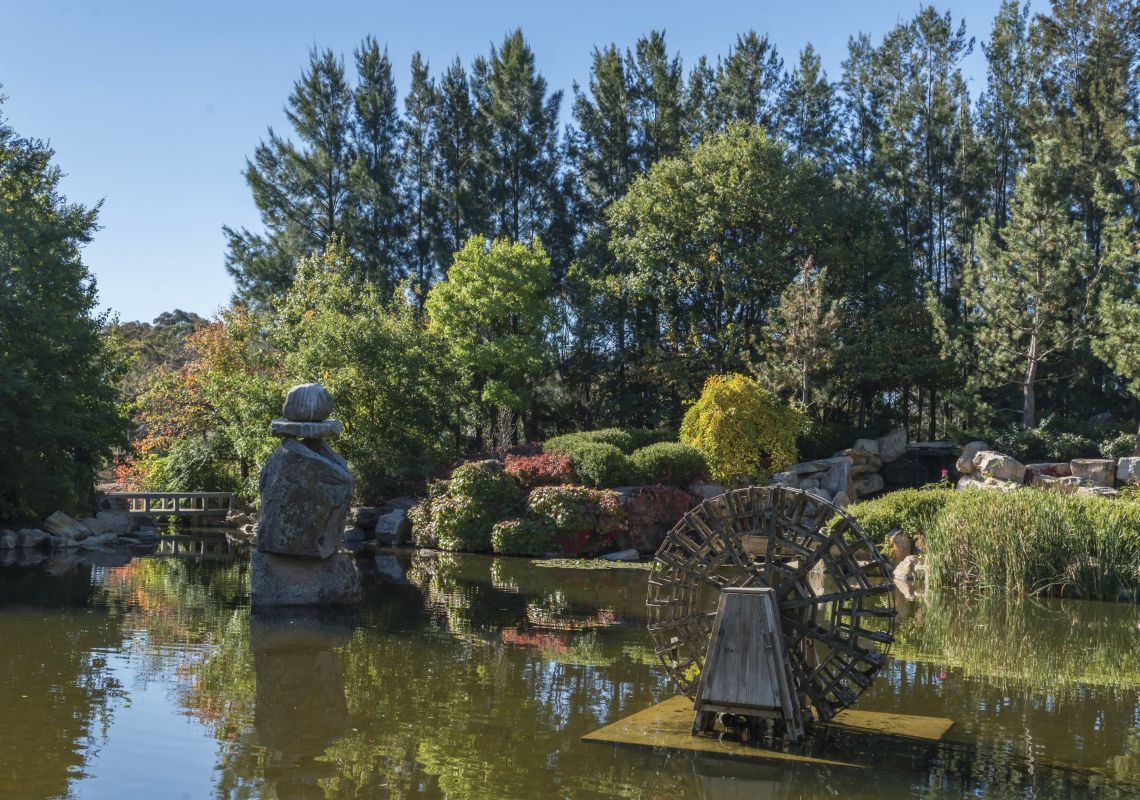 A pond with sculptures, Lambing Flat Chinese Tribute Gardens, Young