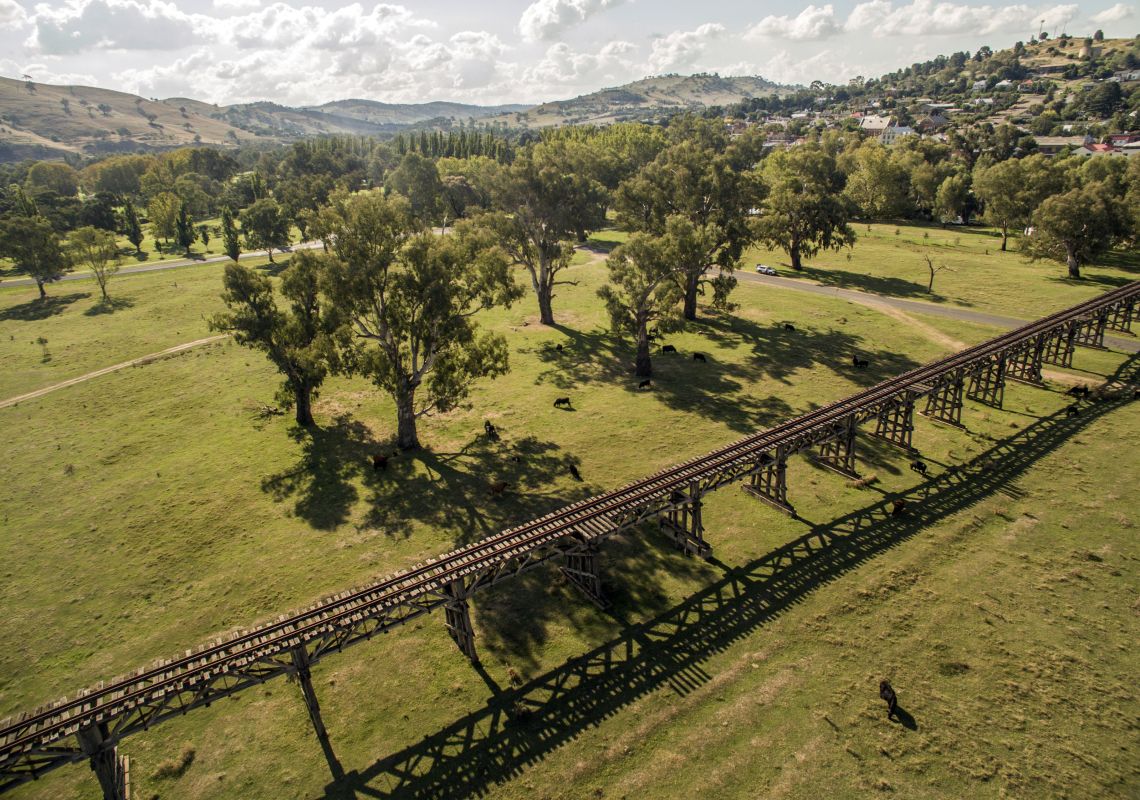 A National Trust-listed timber railway bridge in Gundagai, NSW