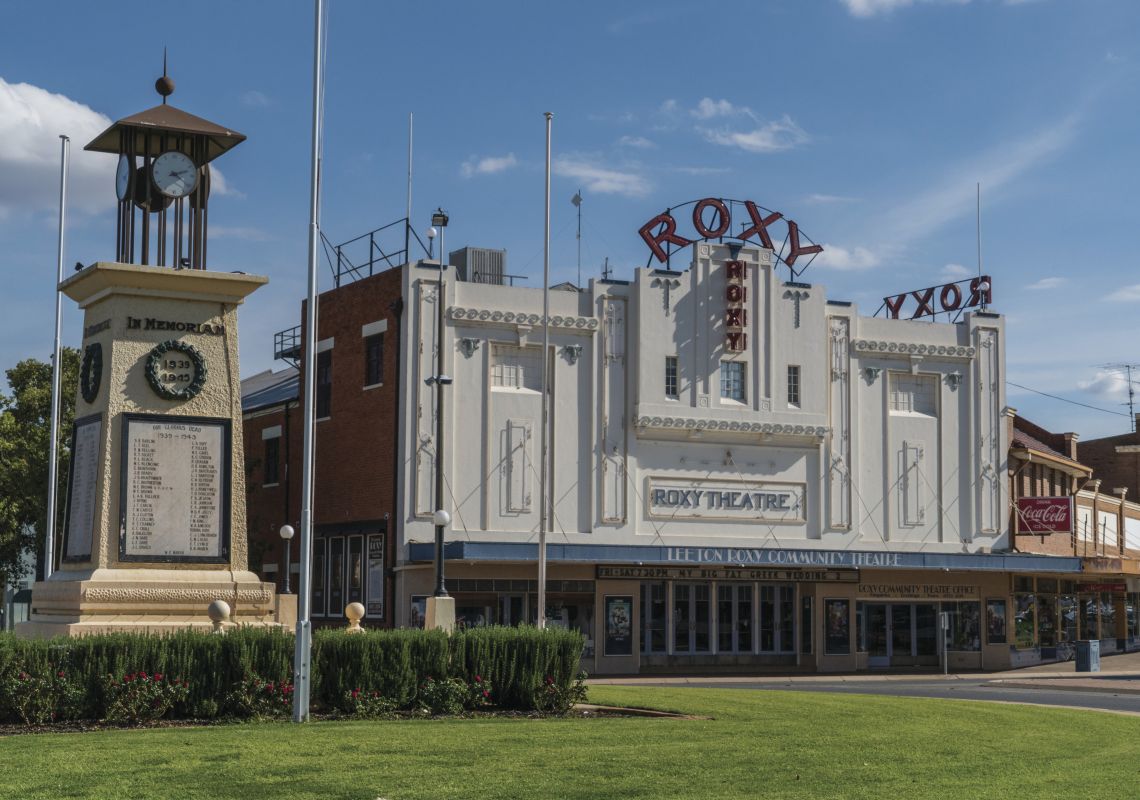 The art deco facade of the Roxy Theatre, Leeton, NSW