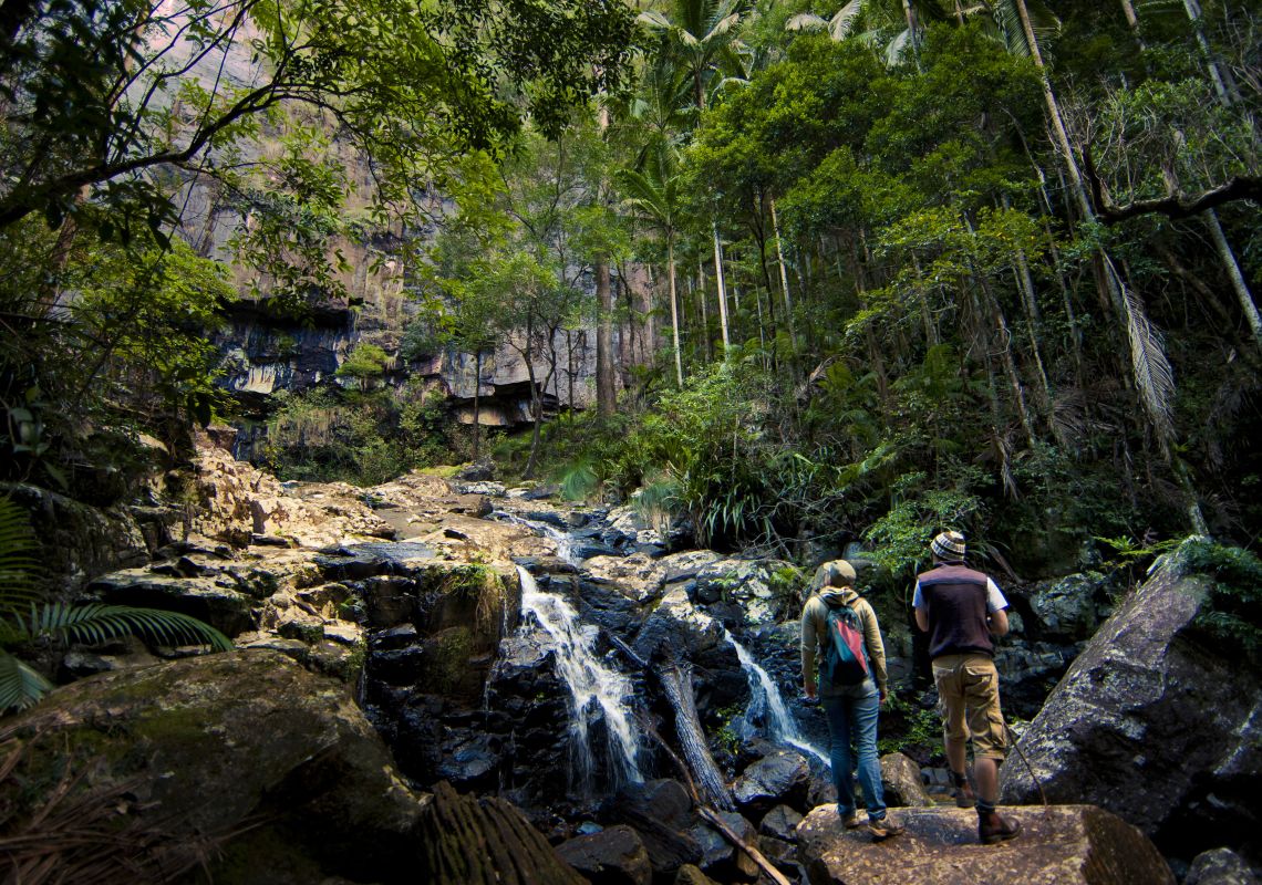 A couple admire the Protesters Falls, Nightcap National Park, NSW