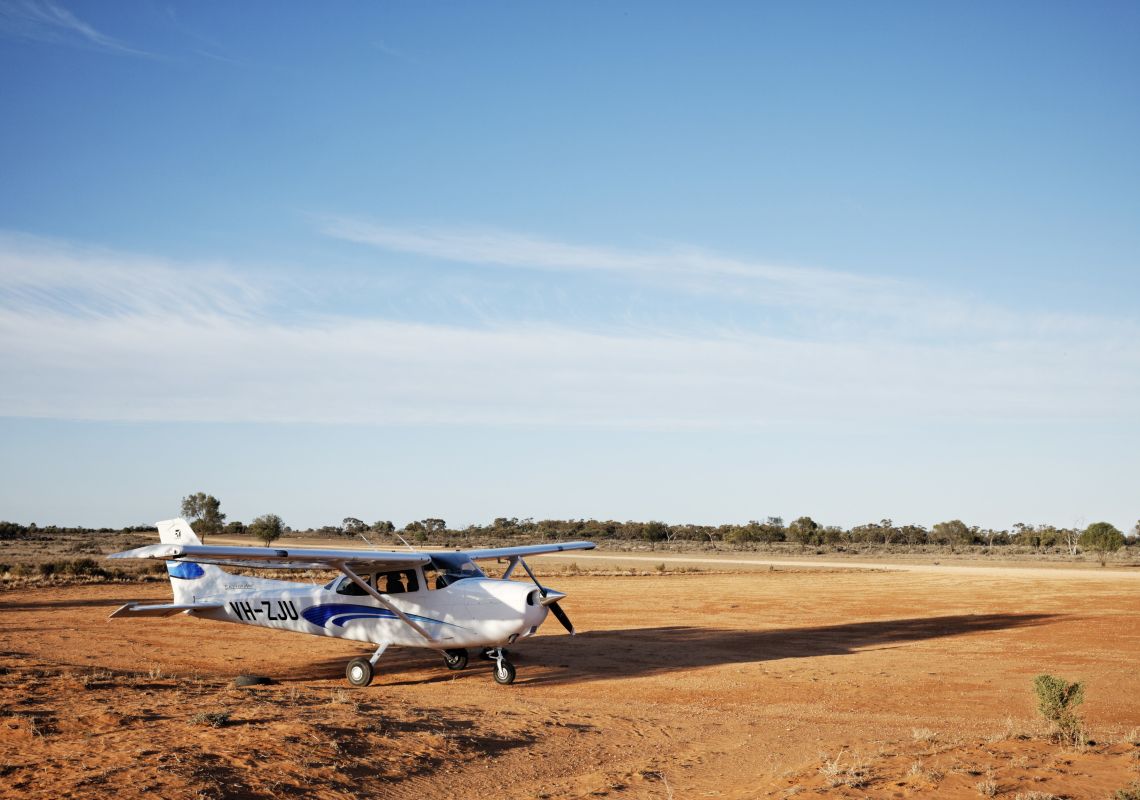 A small charter plane readies to take off in Mungo National Park
