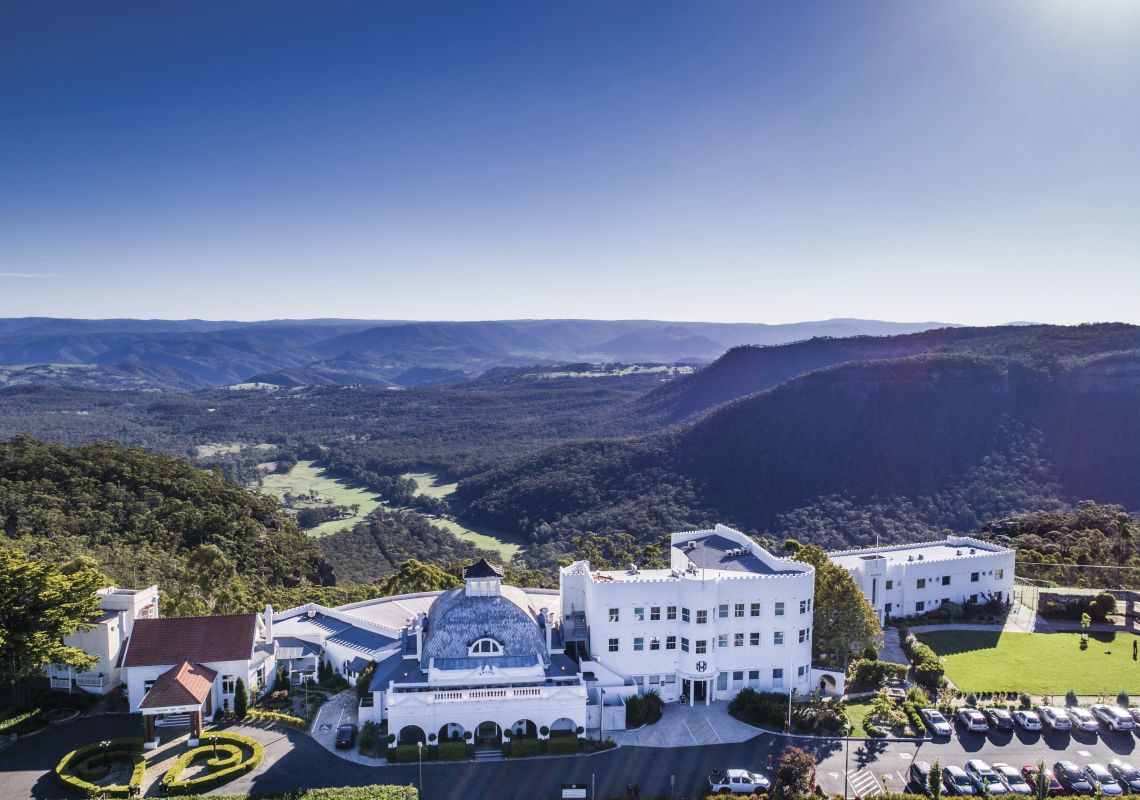 Aerial view of the Hydro Majestic Hotel, Medlow Bath and Megalong Valley in the Blue Mountains