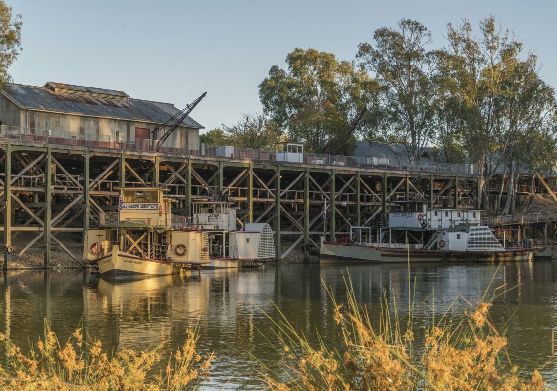 Paddle steamers docked on the Murray River in Echuca-Moama, The Murray