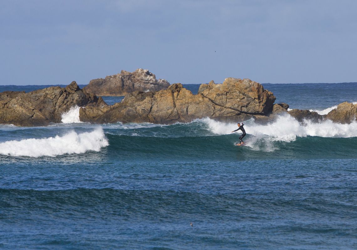 A surfer catches a wave off Town Beach, Port Macquarie