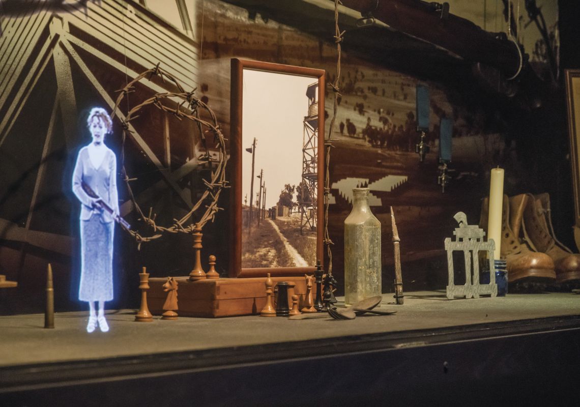 Hologram and artifacts on display at the POW Theatre and Hologram in the Cowra Visitor Information Centre in Cowra, Country NSW