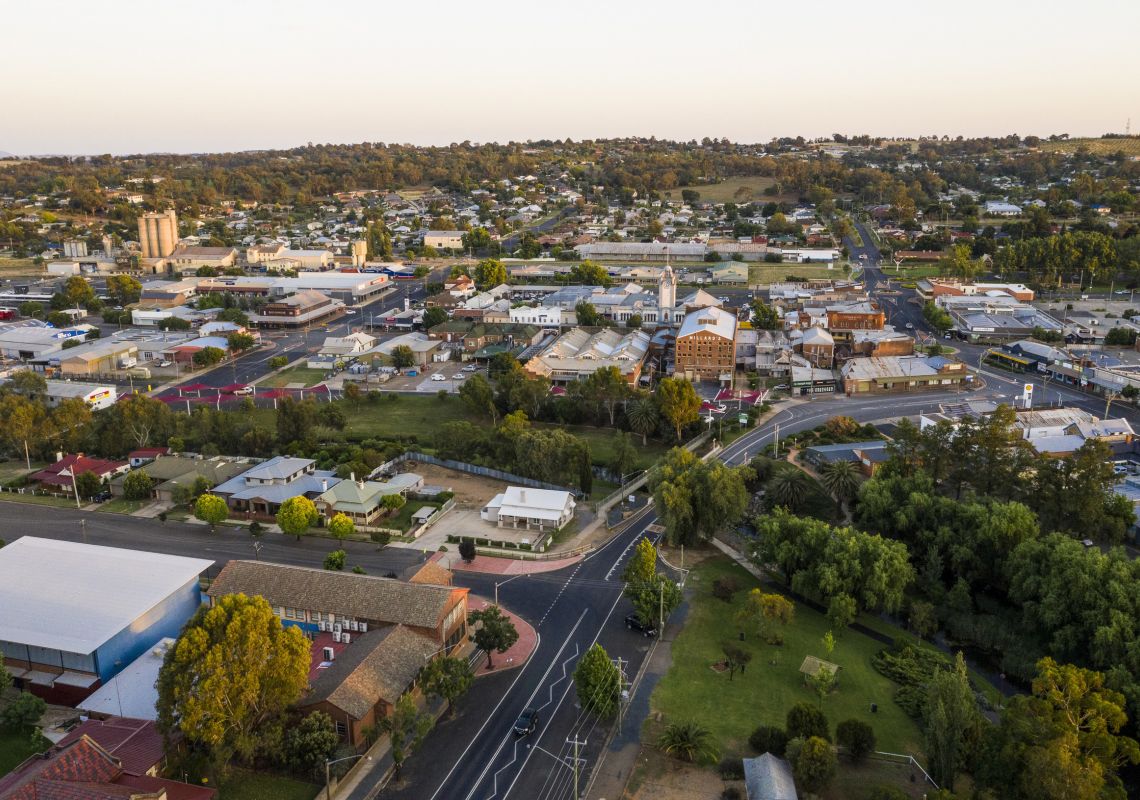 Aerial overlooking the town of Young in the Hilltops region of NSW, Young Area