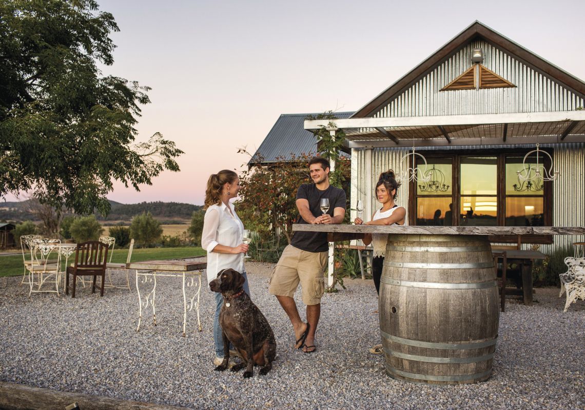 Friends enjoying a glass of wine in scenic surrounds at The Zin House in Mudgee, Country NSW