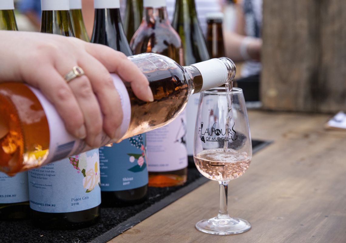 Glass of rose being poured at the 2018 Mudgee Food + Wine Festival in Mudgee, Country NSW