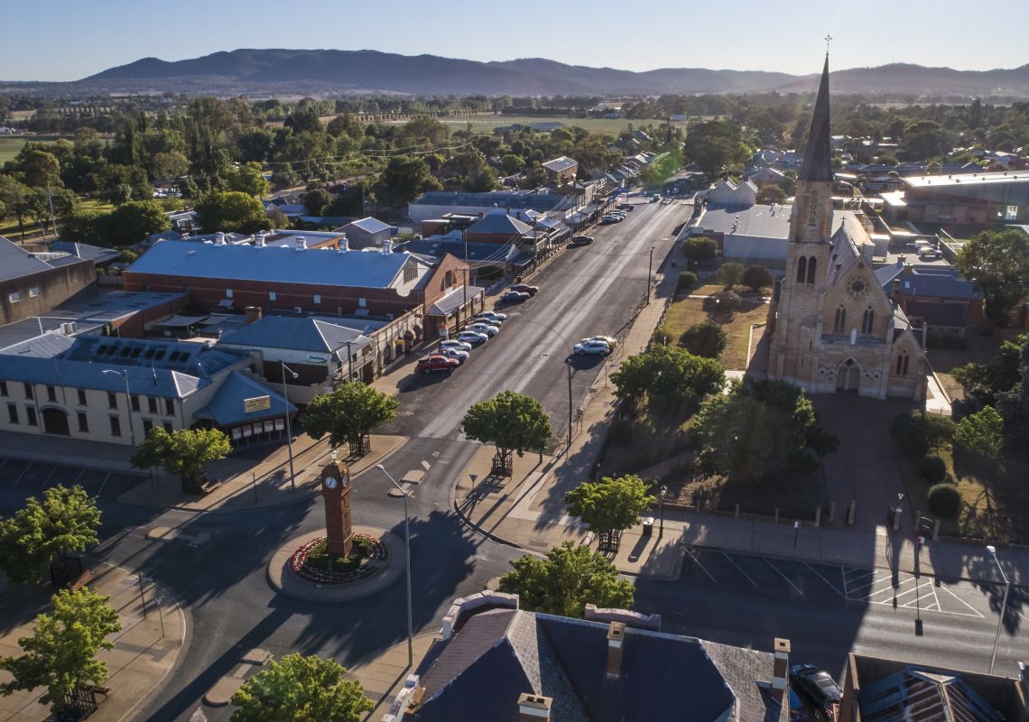 Aerial overlooking the town of Mudgee.