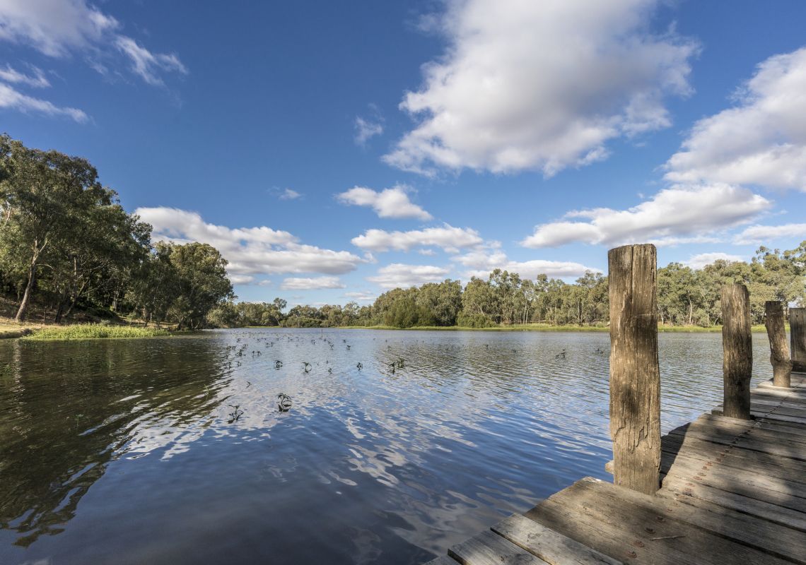 Scenic grounds of Mary Brand Park along the Mehi River in Moree, Country NSW