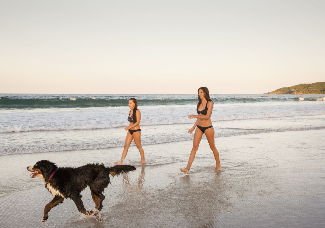 Two women walking their dog on Main Beach, Byron Bay