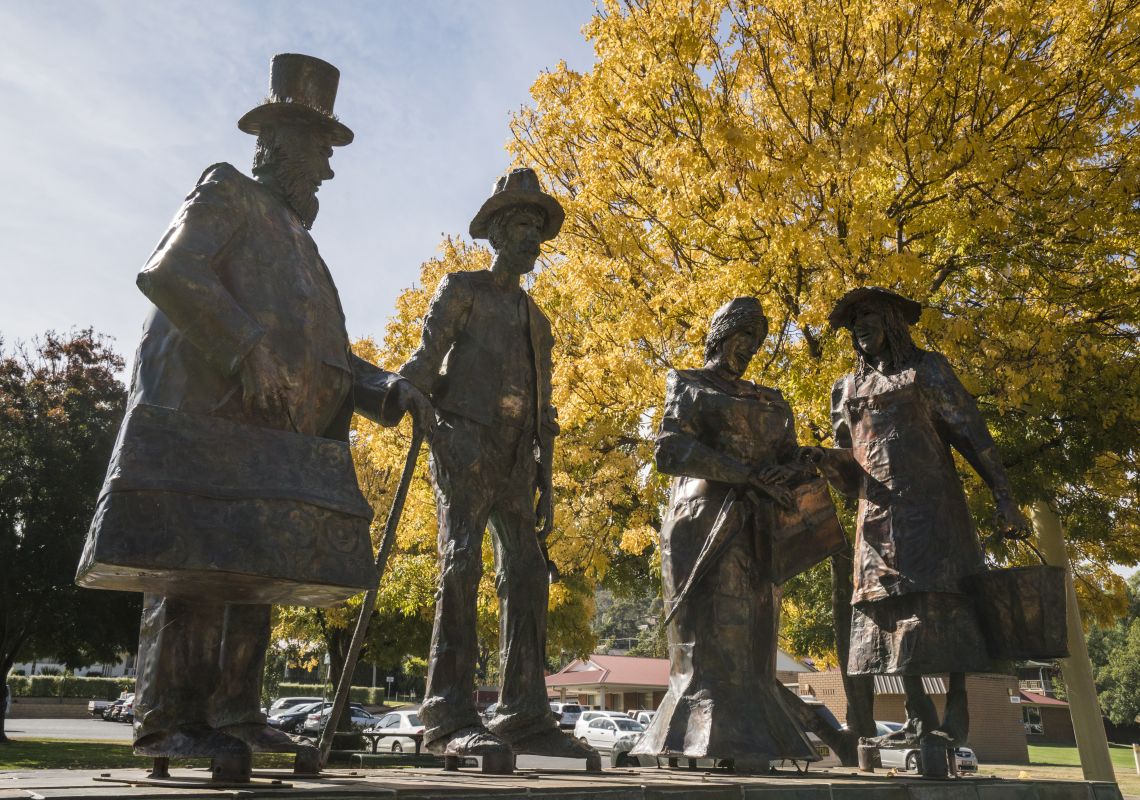 Statues of characters from radio drama series 'Snake Gully' in Carberry Park in Gundagai, Reverina