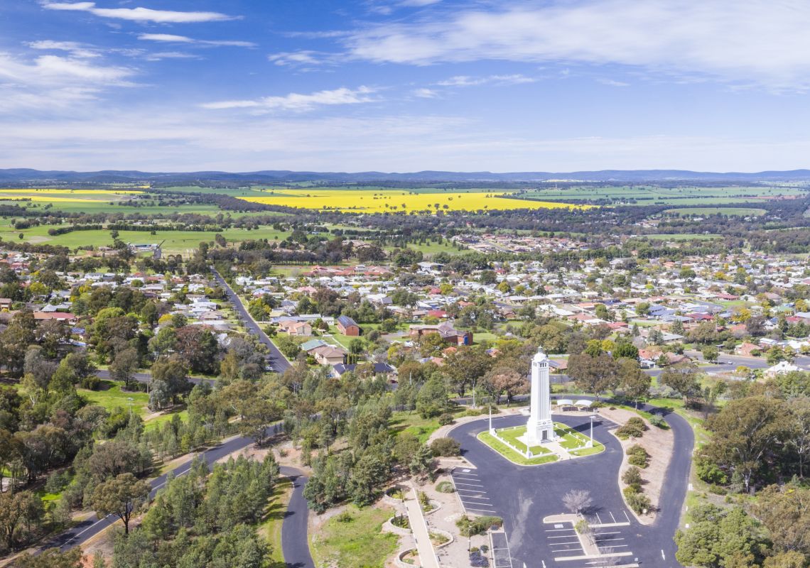Aerial capturing the Parkes township with views across to the canola fields, Parkes