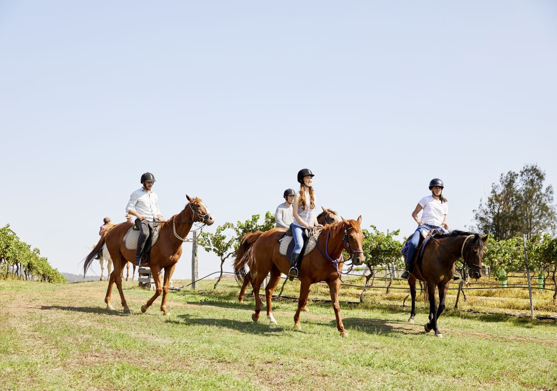 Group enjoying a guided horseback tour at Hanging Tree Wines in Pokolbin, Hunter VAlley