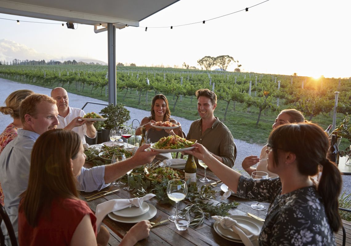 Group of friends enjoying a vine to table experience at Rowlee Wines, Nashdale.