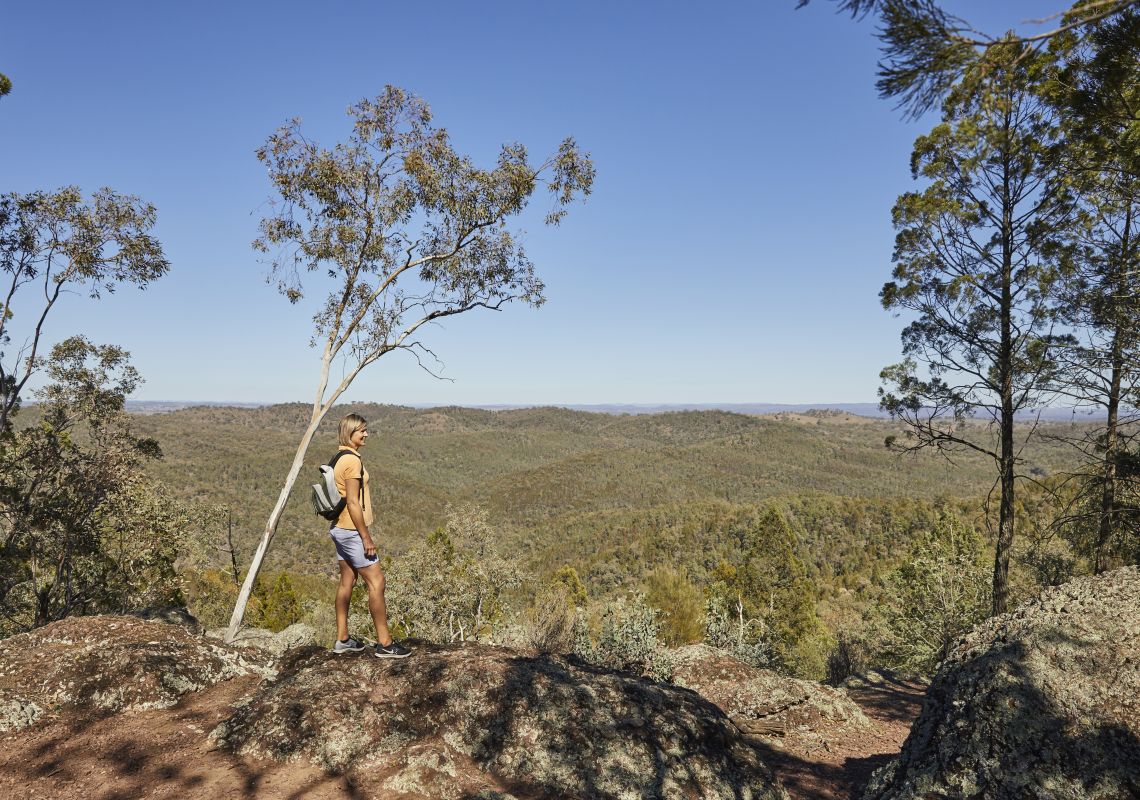 Woman enjoying a hike through Mount Arthur Reserve near Wellington, Country NSW