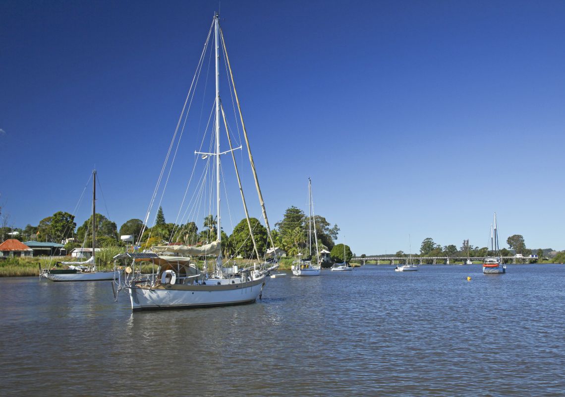 Boats moored in the Clarence River near Maclean, Clarence Valley 