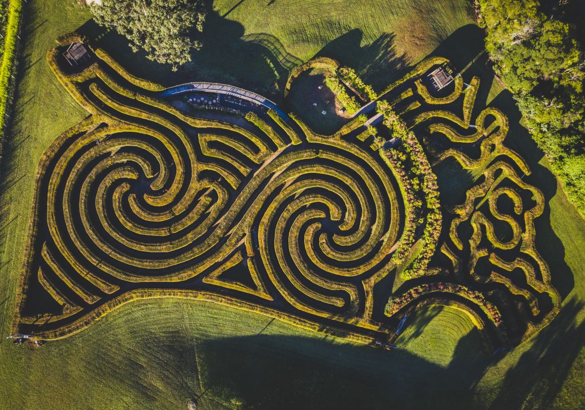 Aerial overlooking the Bago Maze at Bago Maze and Winery, Wauchope