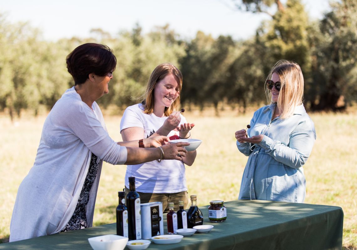 Tasting products at Wollundry Grove Olives near Wagga Wagga