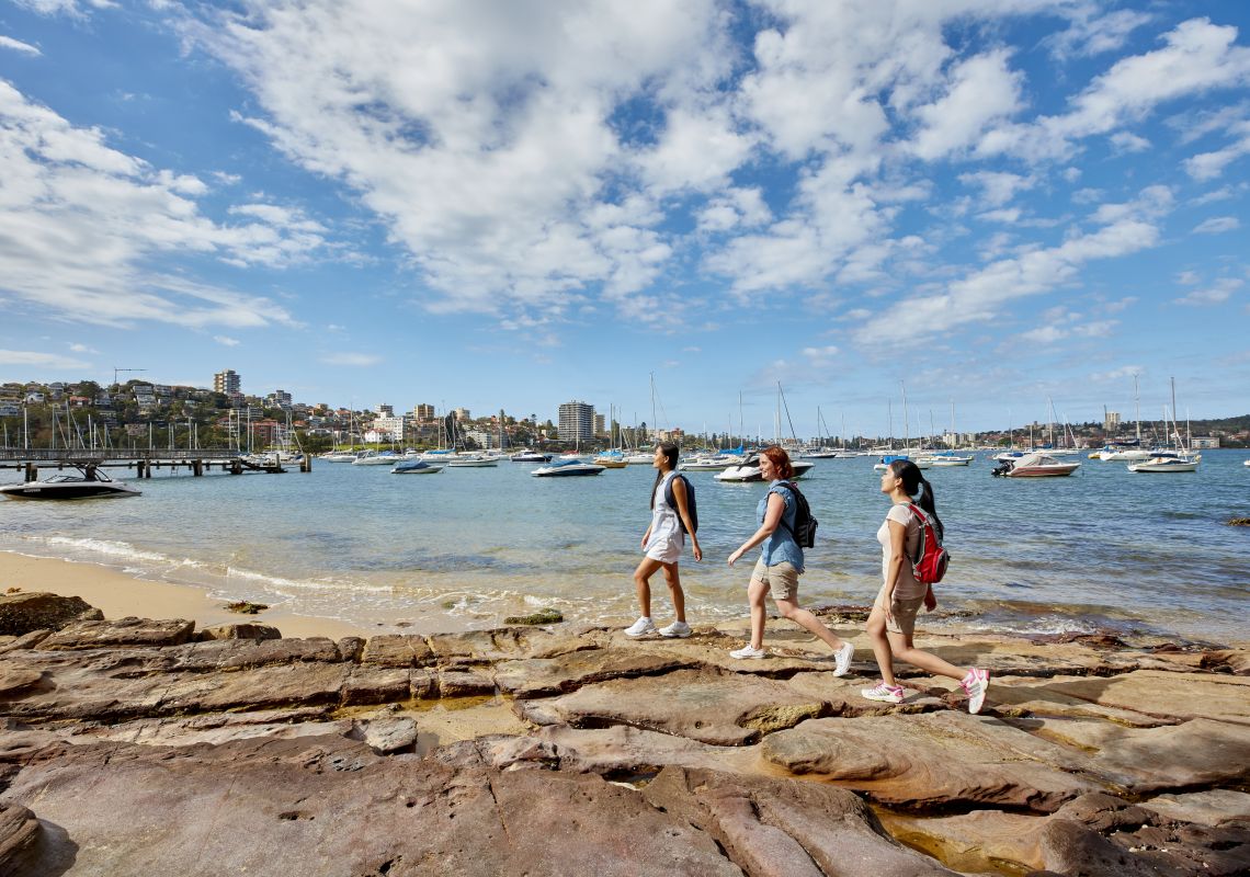 Friends enjoying a walk along Forty Baskets Beach, Balgowlah, Sydney East