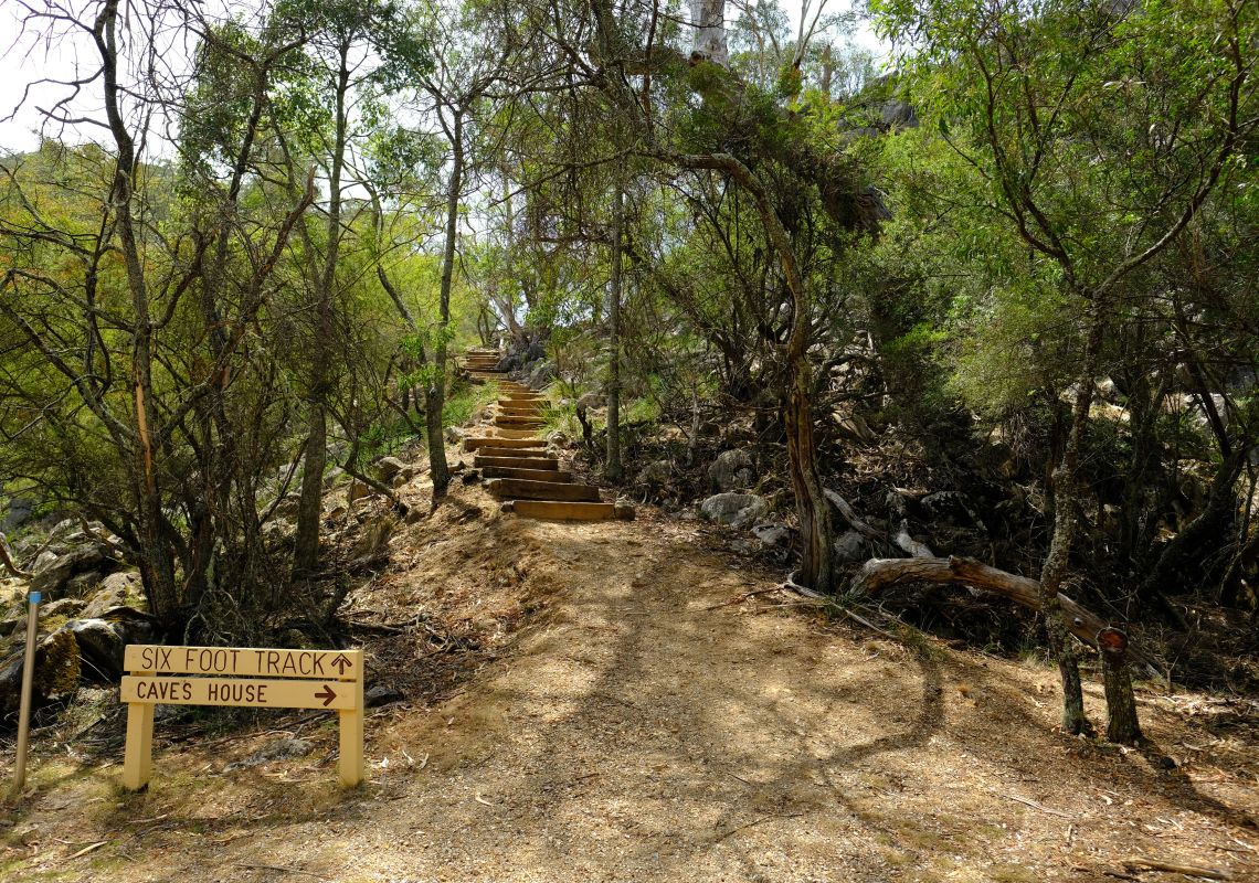 A sign points to steps along the multi-day Six Foot Track, which travels from Katoomba to Jenolan Caves in the Greater Blue Mountains