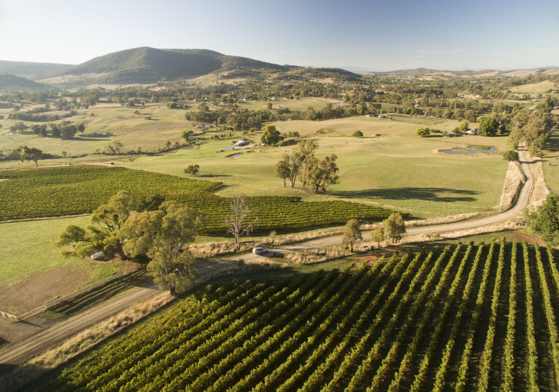 Scenic aerial views overlooking vineyards of Tumbarumba in the Snowy Valleys region