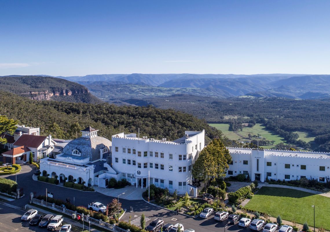 Aerial view of the Hydro Majestic Hotel, Medlow Bath and Megalong Valley in the Blue Mountains