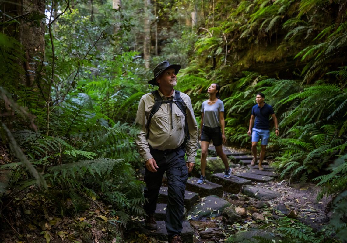 Couple enjoying a guided walk along the Grand Canyon Walking track in the Blue Mountains with Tread Lightly Eco Tours.