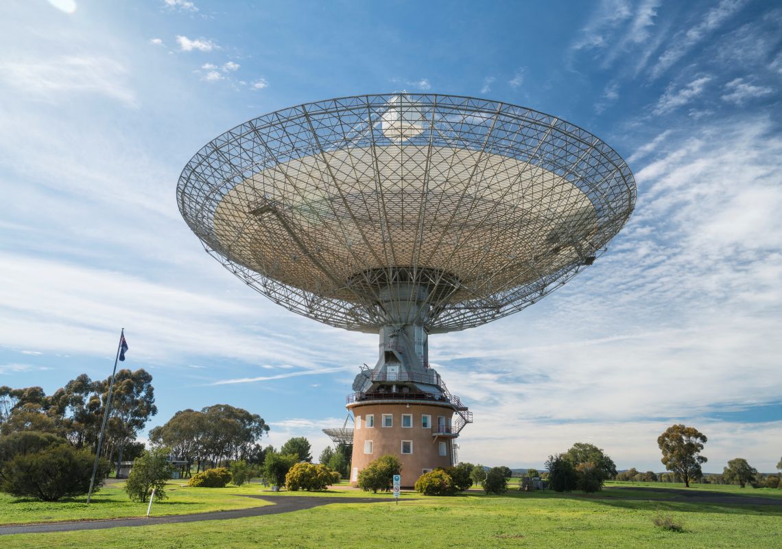 The 64-meter radio telescope residing at Parkes Observatory, Parkes, Country NSW