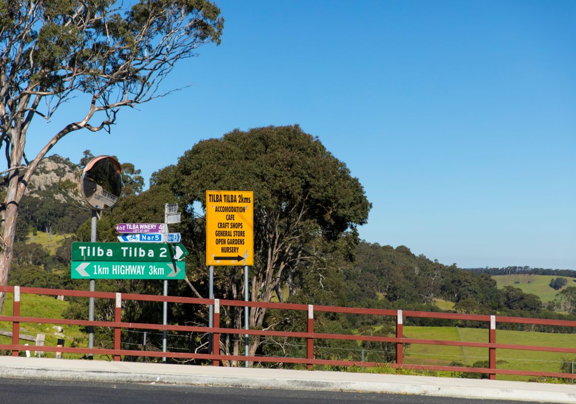 Road signs guiding drivers and visitors to Central Tilba in the Eurobodalla, South Coast