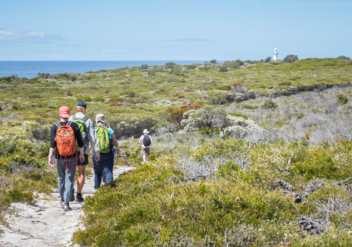 Walkers heading towards Green Cape Lighthouse, Green Cape in Ben Boyd National Park, Sapphire Coast