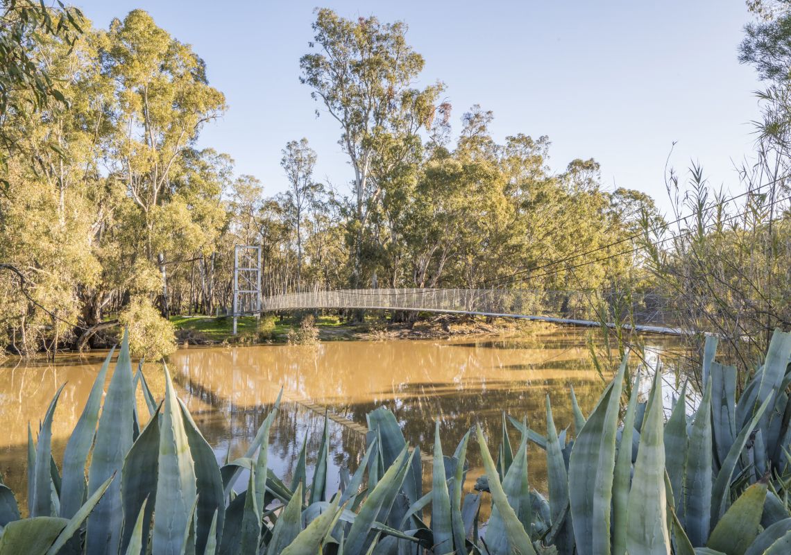 Scenic views of the Murrumbidgee River swing bridge in Balranald, The Murray, Country NSW