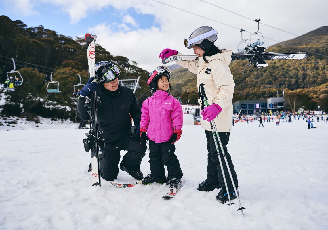 Family enjoying a day of skiing at Thredbo in the Snowy Mountains