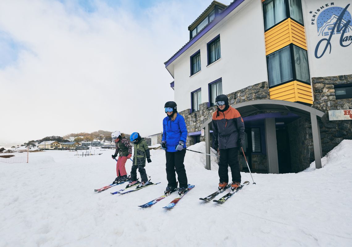 Family setting out for a fun day of skiing at Perisher in the Snowy Mountains