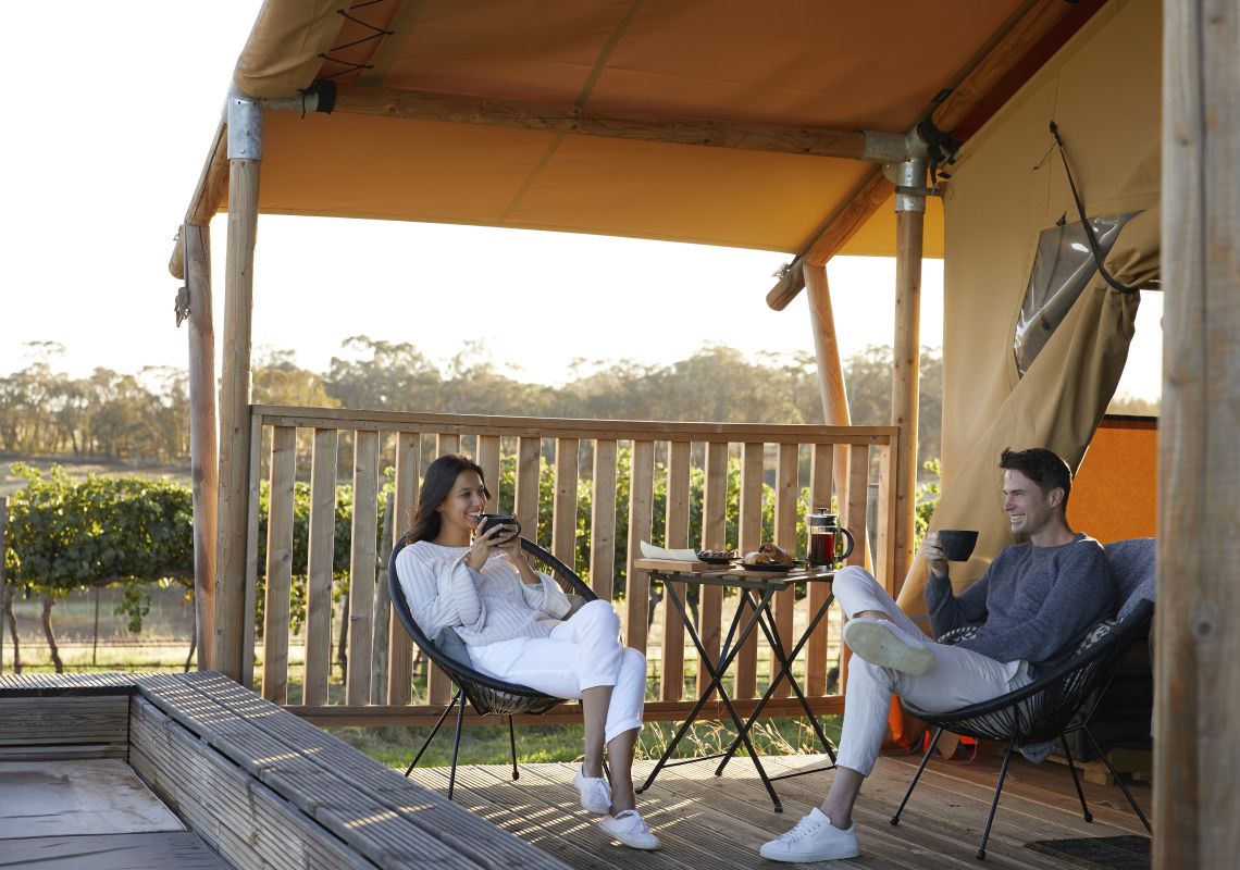 Couple enjoying a glamping experience at Nashdale Lane Wines in Nashdale, Orange Area, Country NSW