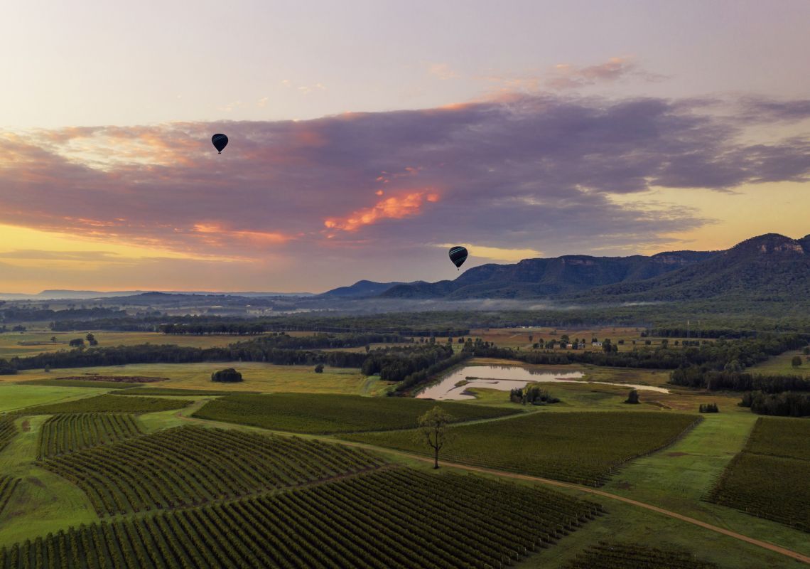 Hot Air Balloons flying over the scenic Hunter Valley 