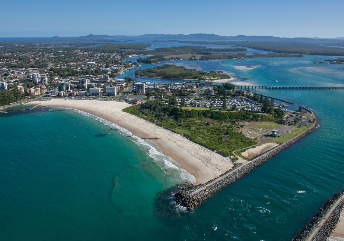Coastal aerial of Forster Beach and Coolongolook River, Forster-Tuncurry, Forster & Taree Area