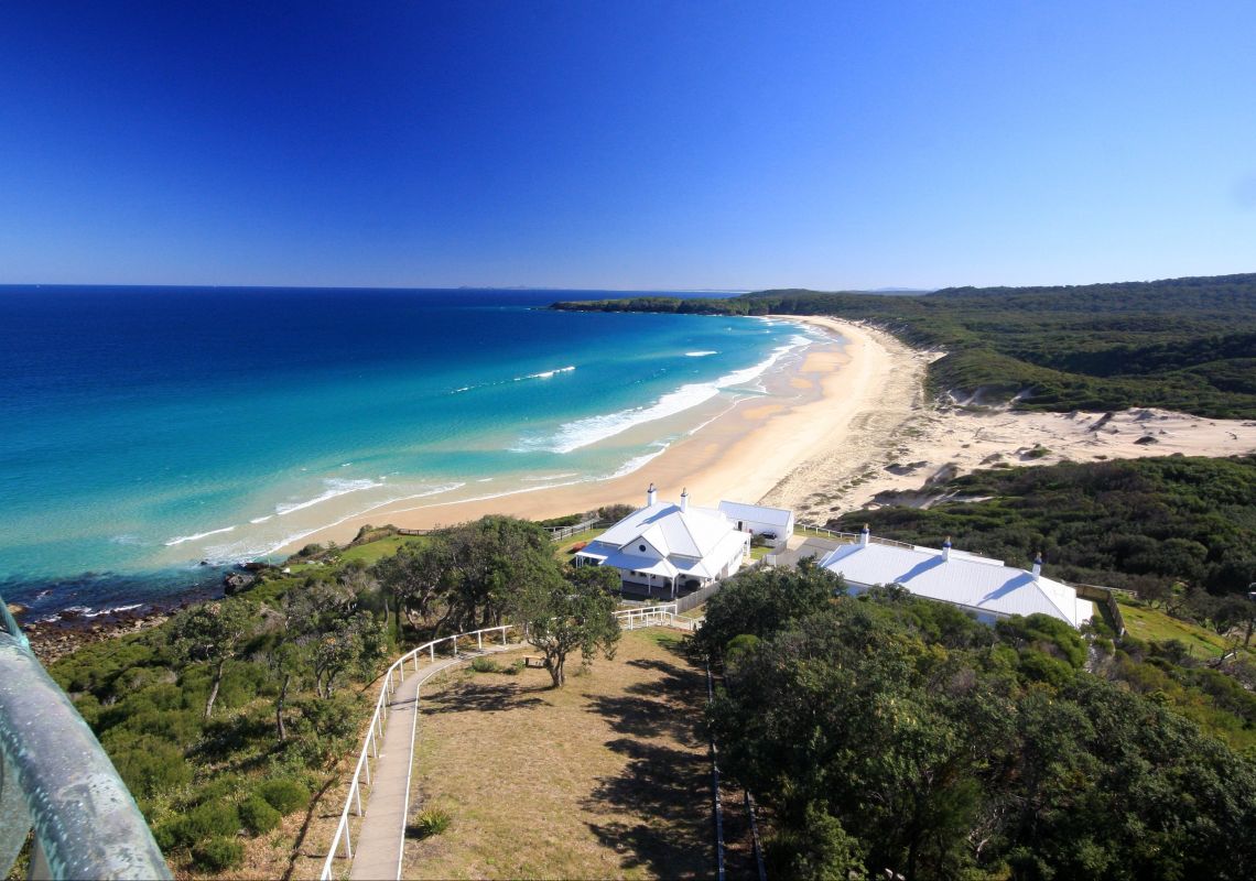 Cottages from lighthouse balcony, Sugarloaf Point Lighthouse Accommodation at Seal Rocks in Forster & Tare, North Coast