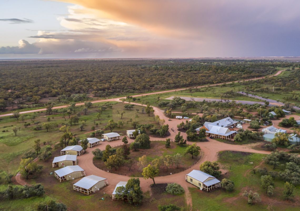 Aerial overlooking Mungo Lodge inside Mungo National Park, Outback NSW