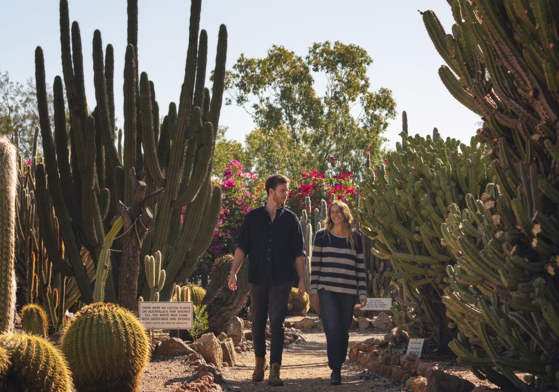 Couple enjoying a visit to Bevans Cactus Nursery, Lightning Ridge